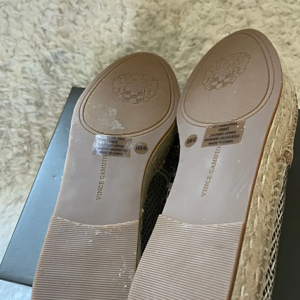 NWB Vince Camuto Hamorra leather gold laser cut slip on espadrilles jute SZ10M